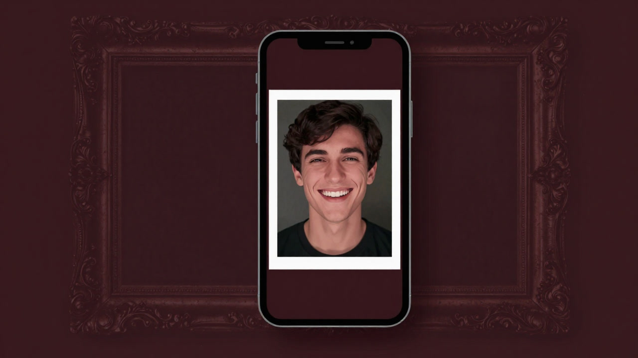 Illustration of a smartphone screen against an old photo frame background showing a person’s awkward smile shadow