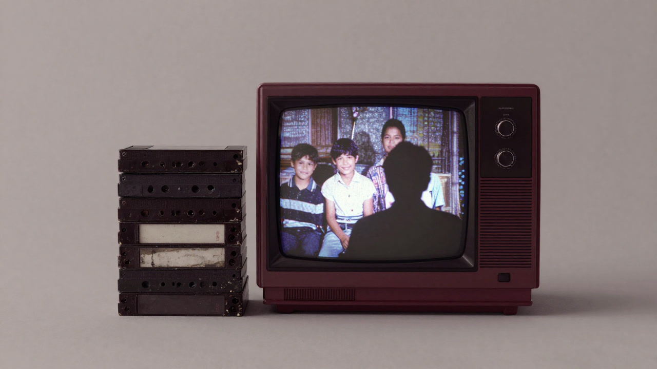 Silhouette against a backdrop of dusty VHS tapes and a grainy family scene playing on an old TV