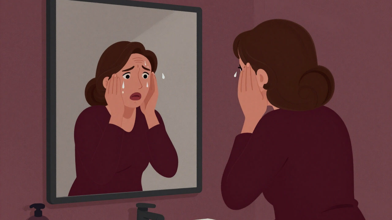 ホルモンの嵐に翻弄され、汗だくの顔で鏡を見つめる中年の女性のイラスト