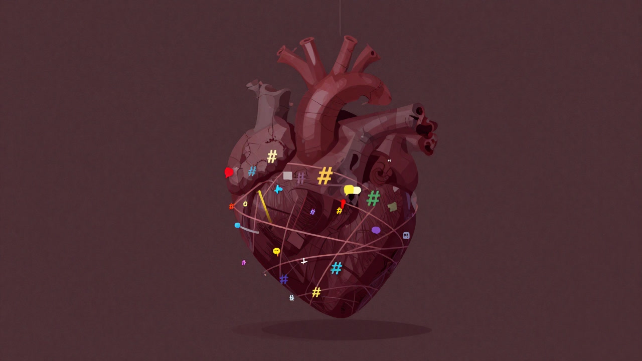 カラフルなハッシュタグと心臓のイラストが混ざり合い、SNS投稿の虚無を象徴するアートワーク。