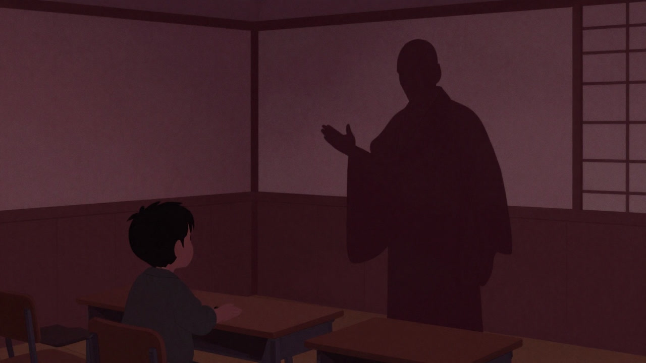 薄暗い寺子屋の片隅で、弟子に説教する師匠のシルエット
