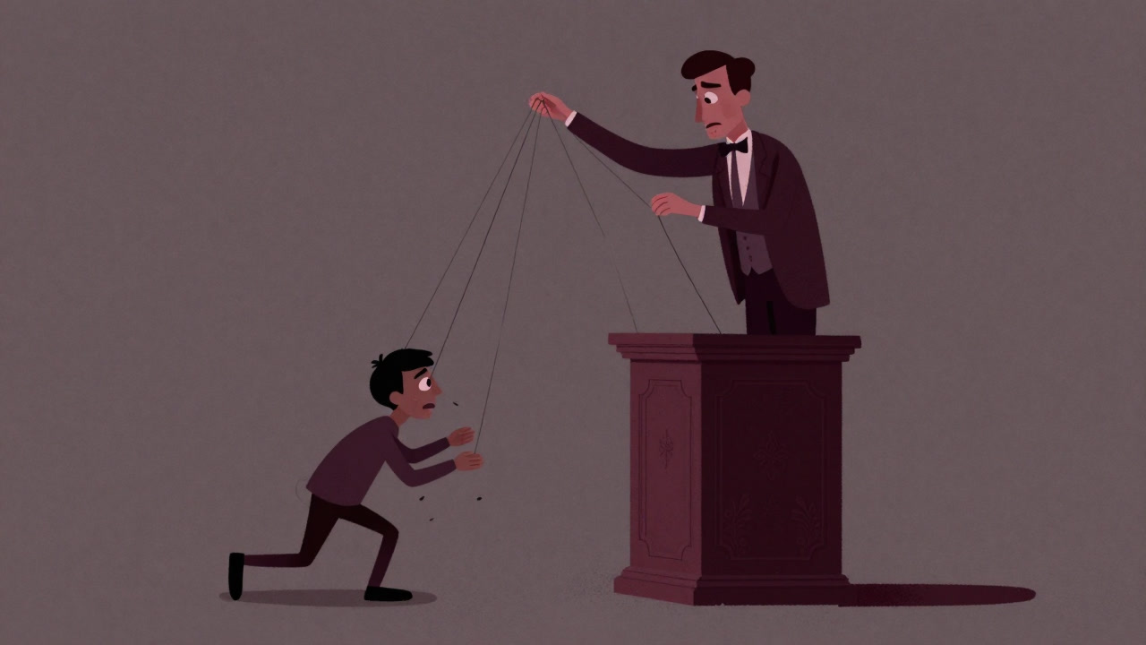 Illustration of a humorous mentor standing on a tall podium, strings attached to a nervous mentee below