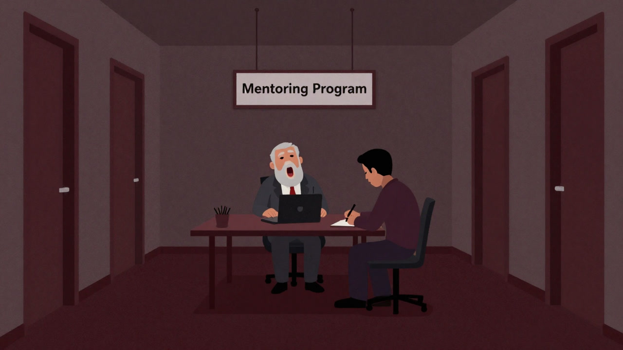 蛍光灯の下で先輩と新人が形だけの握手を交わす廊下の風景