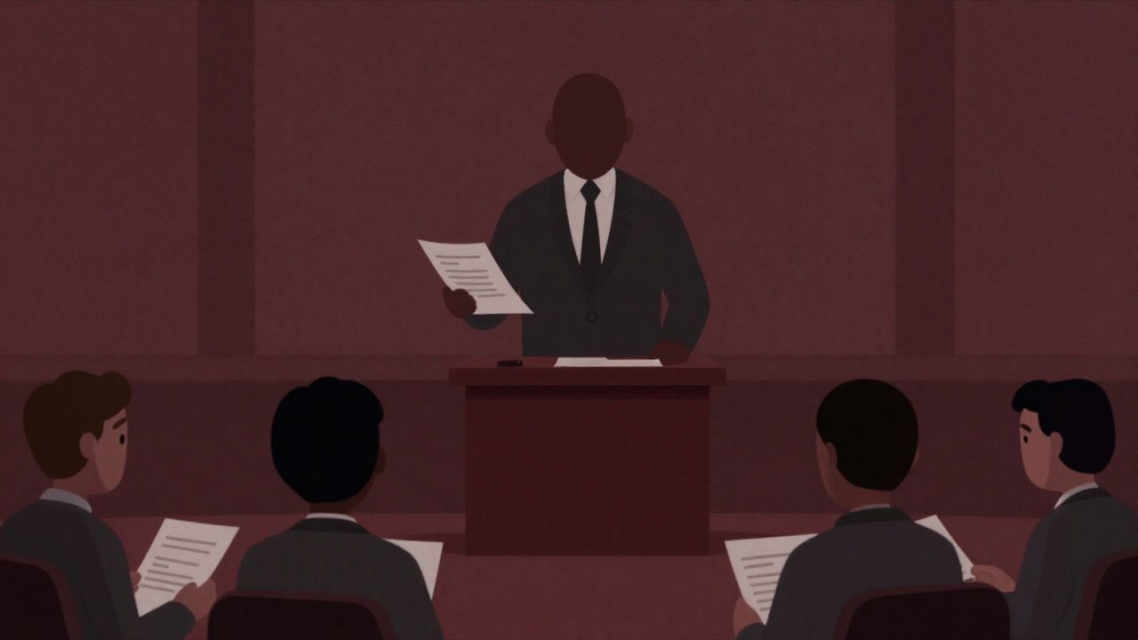 Satirical illustration of a blank-faced senior on a podium handing out materials to bewildered juniors.