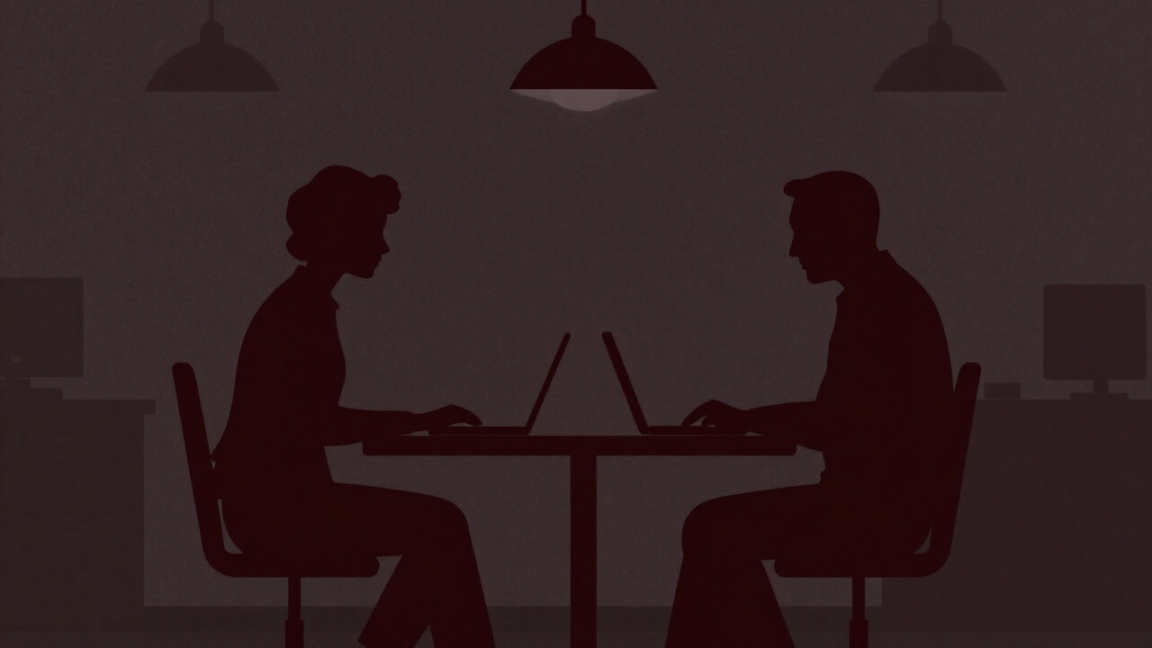 Image of silhouettes of a mentor and mentee sitting around a table in a dark office, both looking confused