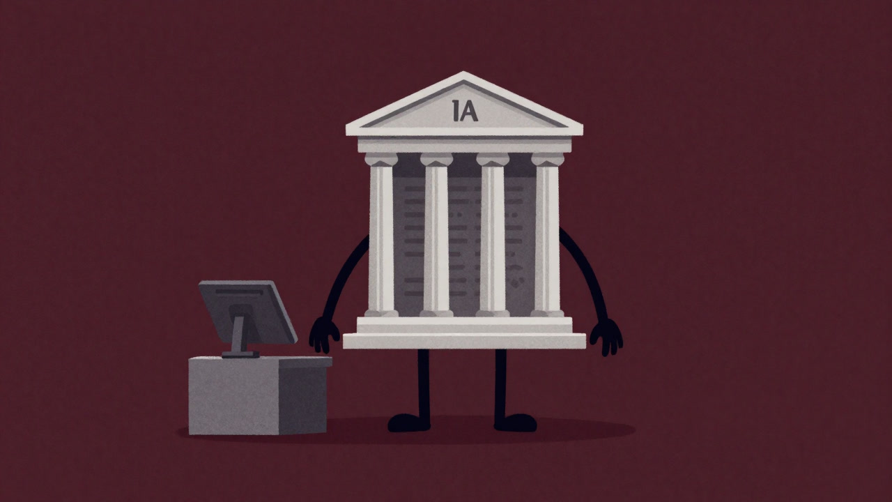 レジ端末の前で怪訝な表情を浮かべる巨大な口座の擬人化。