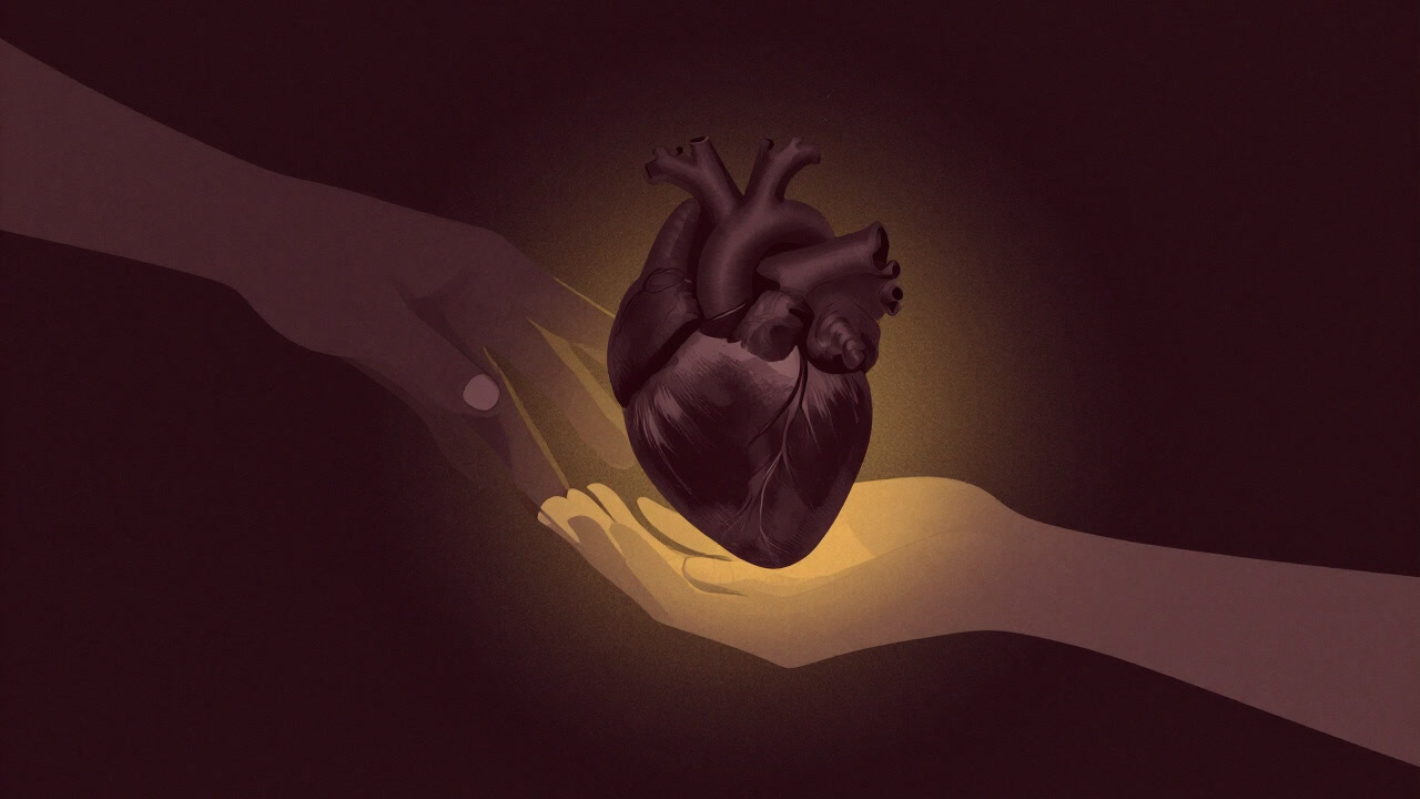 黄金の光の中、慈悲深い手が心臓を包み込むイラスト