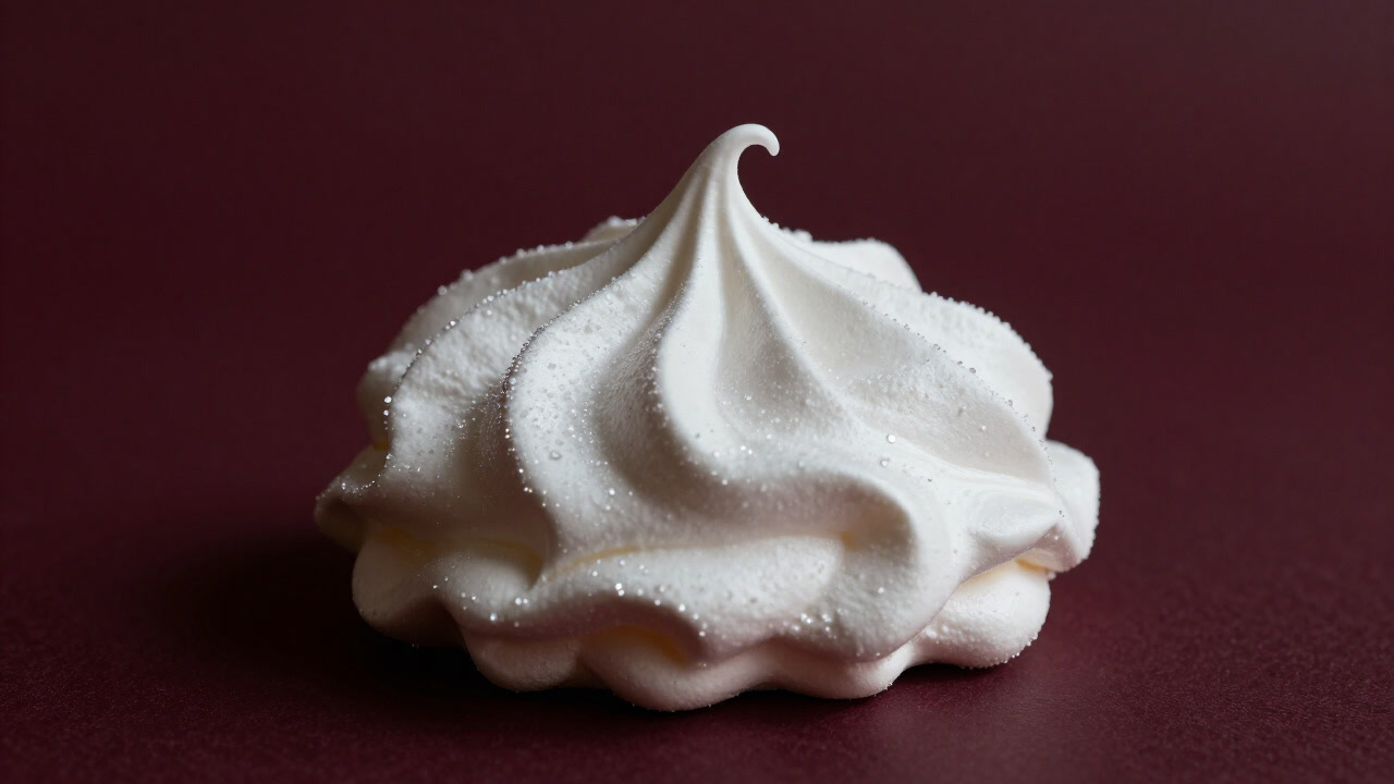砂糖の結晶が光を反射し、泡立った卵白が妖しく輝くメレンゲのクローズアップ画像