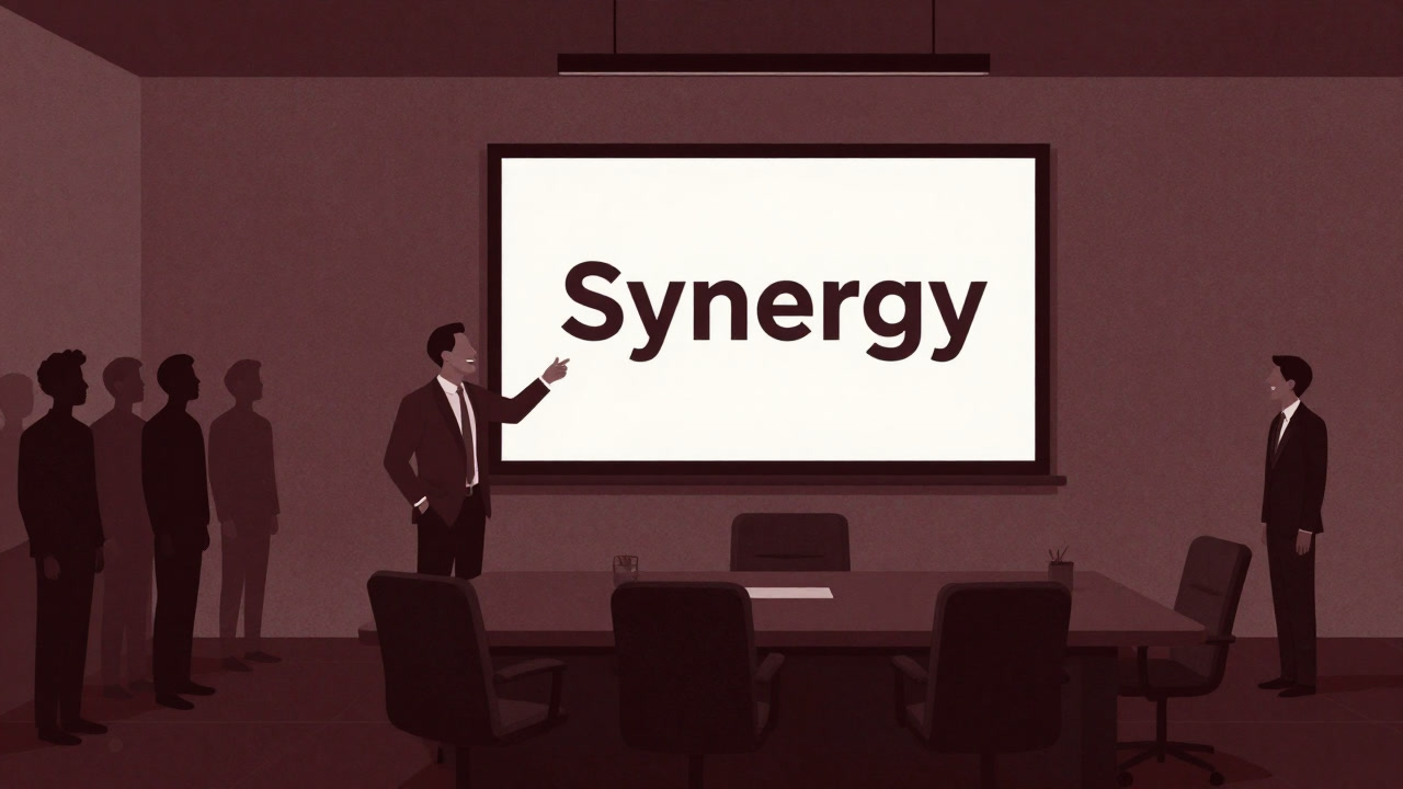 Silhouette of a line of employees marching behind a giant presentation slide emblazoned with the word "Synergy"