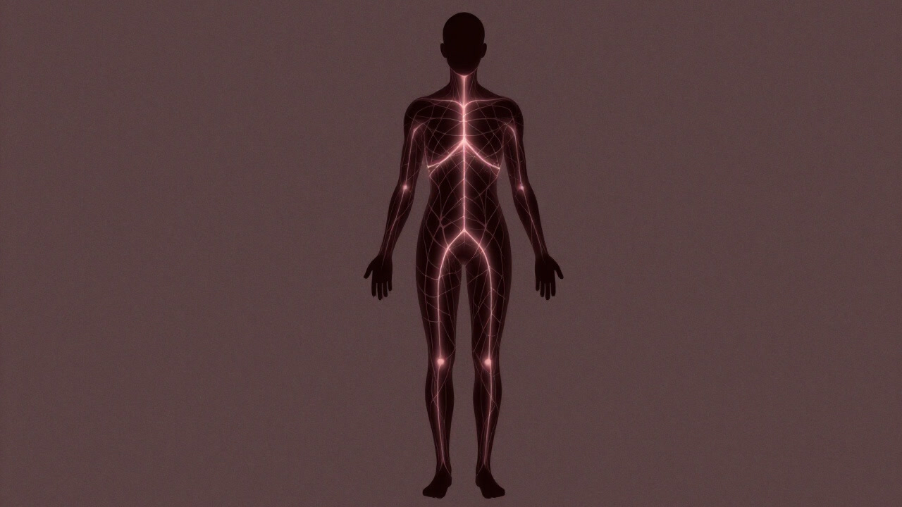 Silhouette of a human body in darkness, with invisible lines glowing like a net across it