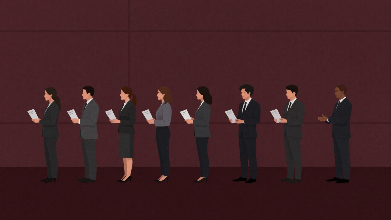 就職面接の会場で才能を点数化する審査員たちを囲む長い行列の人々のシルエット