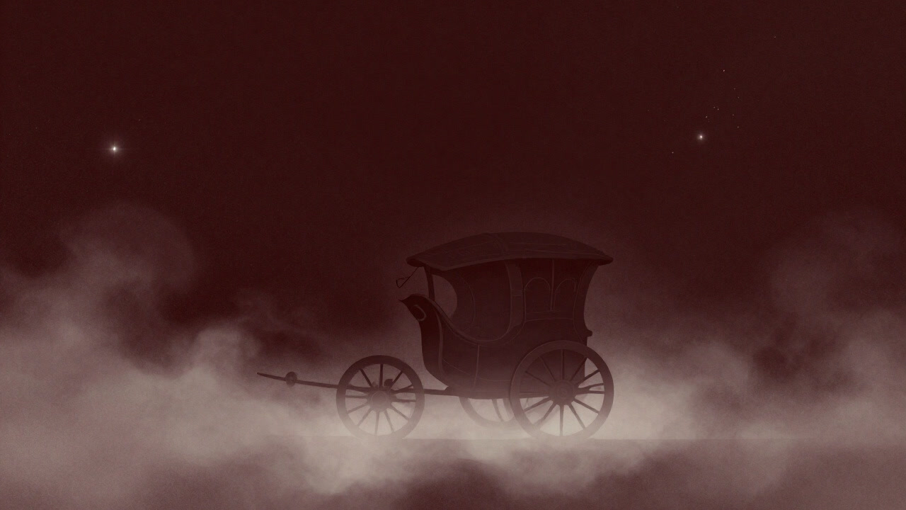 Illustration of a sealed chariot bearing a halo of light, fading behind a veil of mystery.