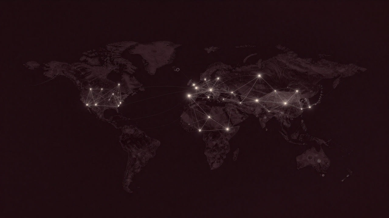 Illustration of countless nodes wired in a mesh, glowing like a map in darkness