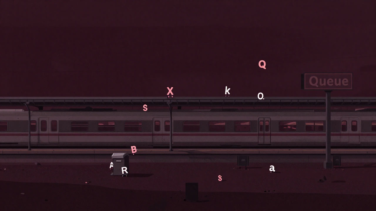 Image of tiny data letters floating in the air above an unmanned queue station of processes.