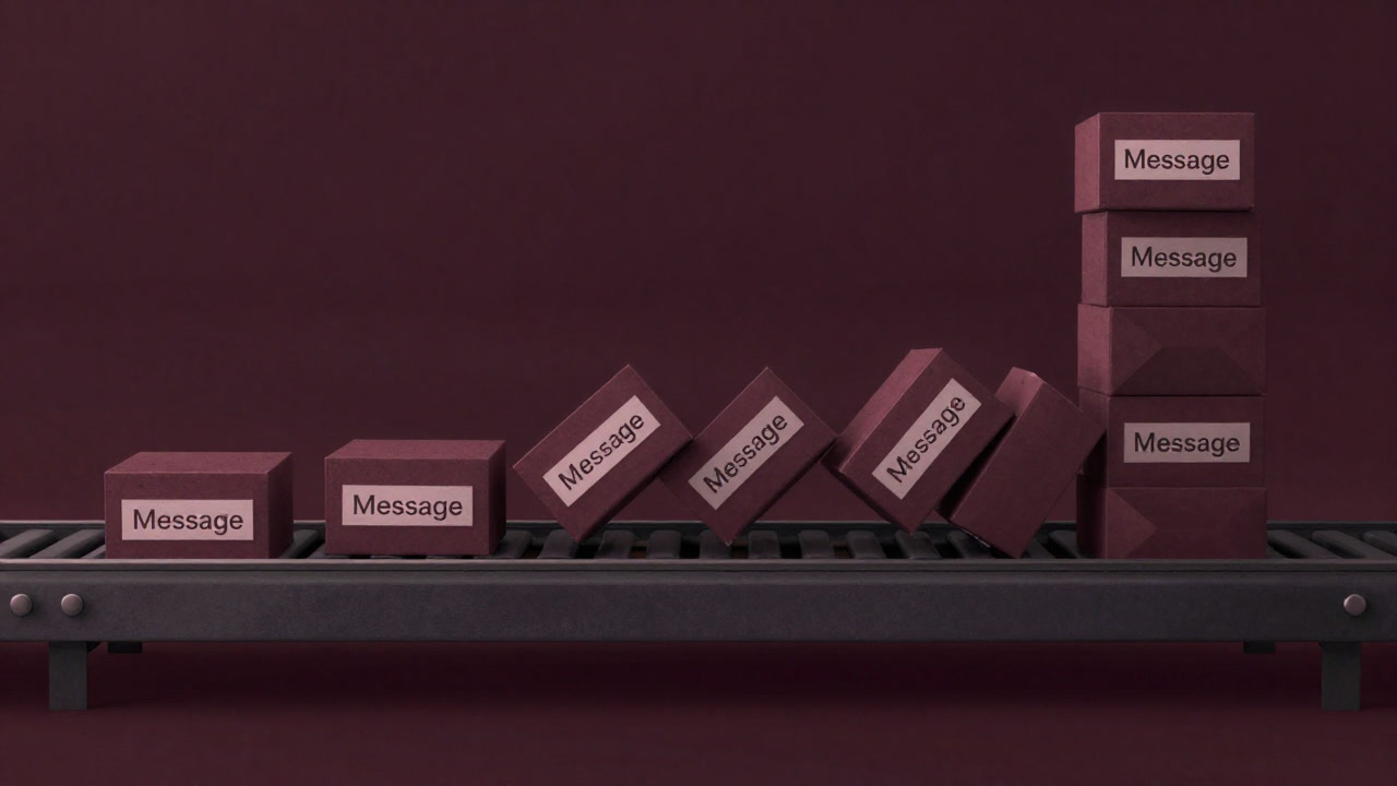 Diagram of messages piled up in a queue about to overflow