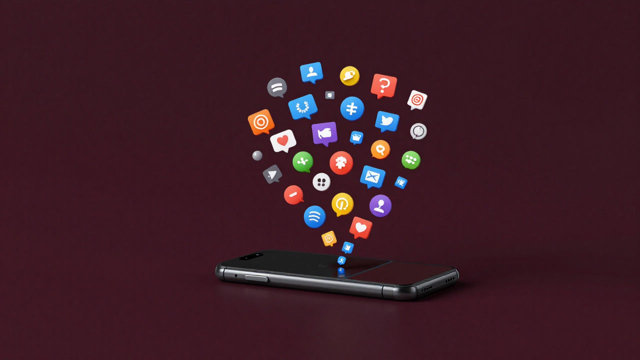 Image of a smartphone trembling, buried under countless message notification icons.