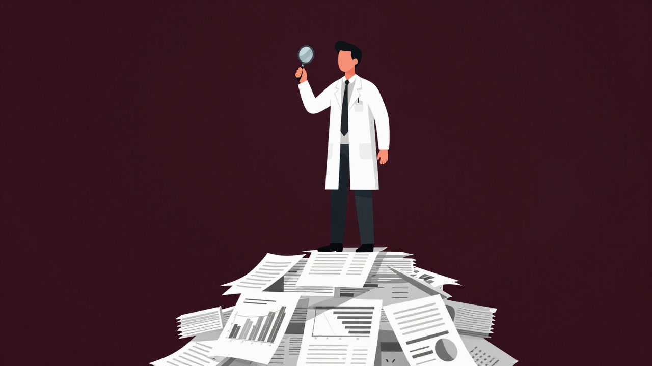 A researcher standing atop a mountain of scattered papers and graphs, smiling with satisfaction.