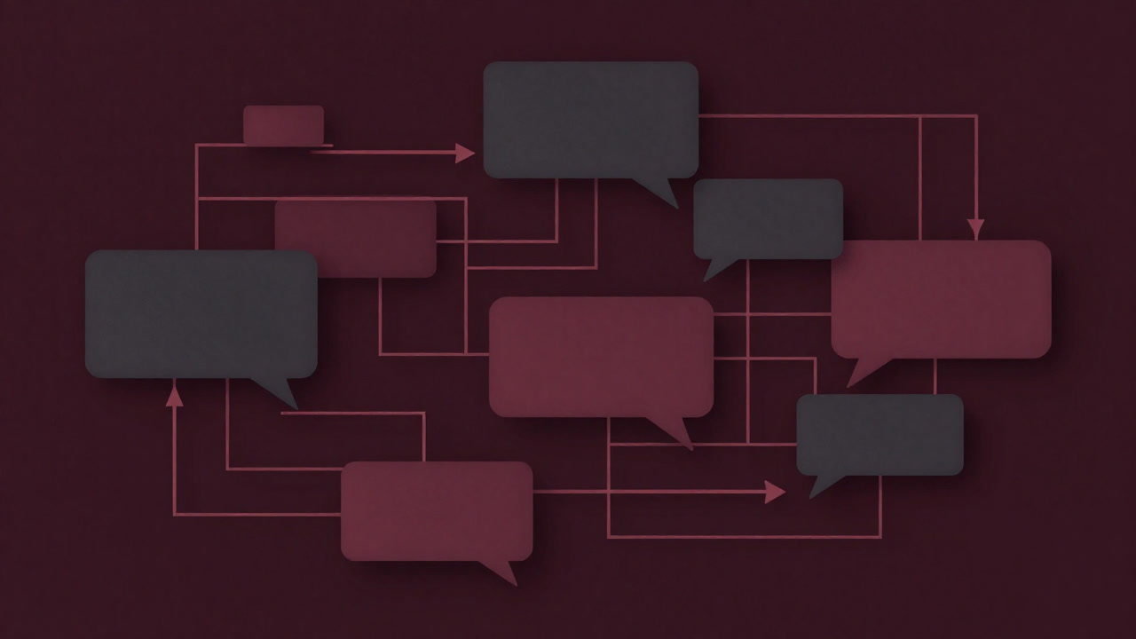 An illustration of tangled arrows and speech bubbles forming a maze, depicting inescapable meta-communication.