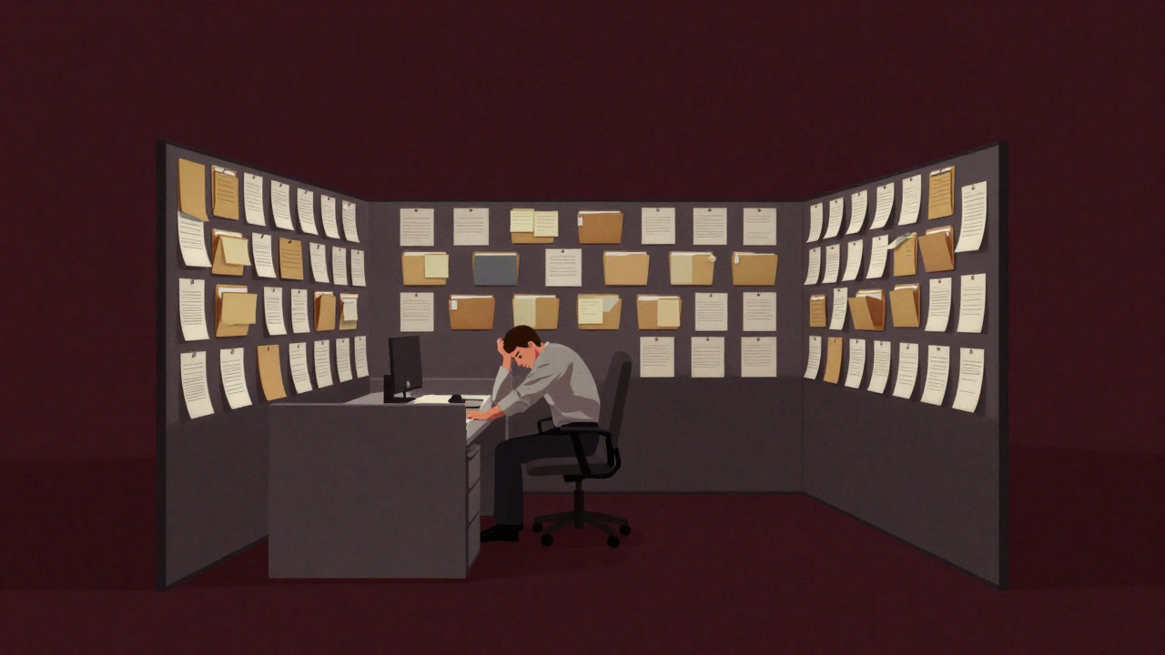 膨大なタグとフォルダーに囲まれ、途方に暮れるオフィスワーカーと壁一面のメタデータの図