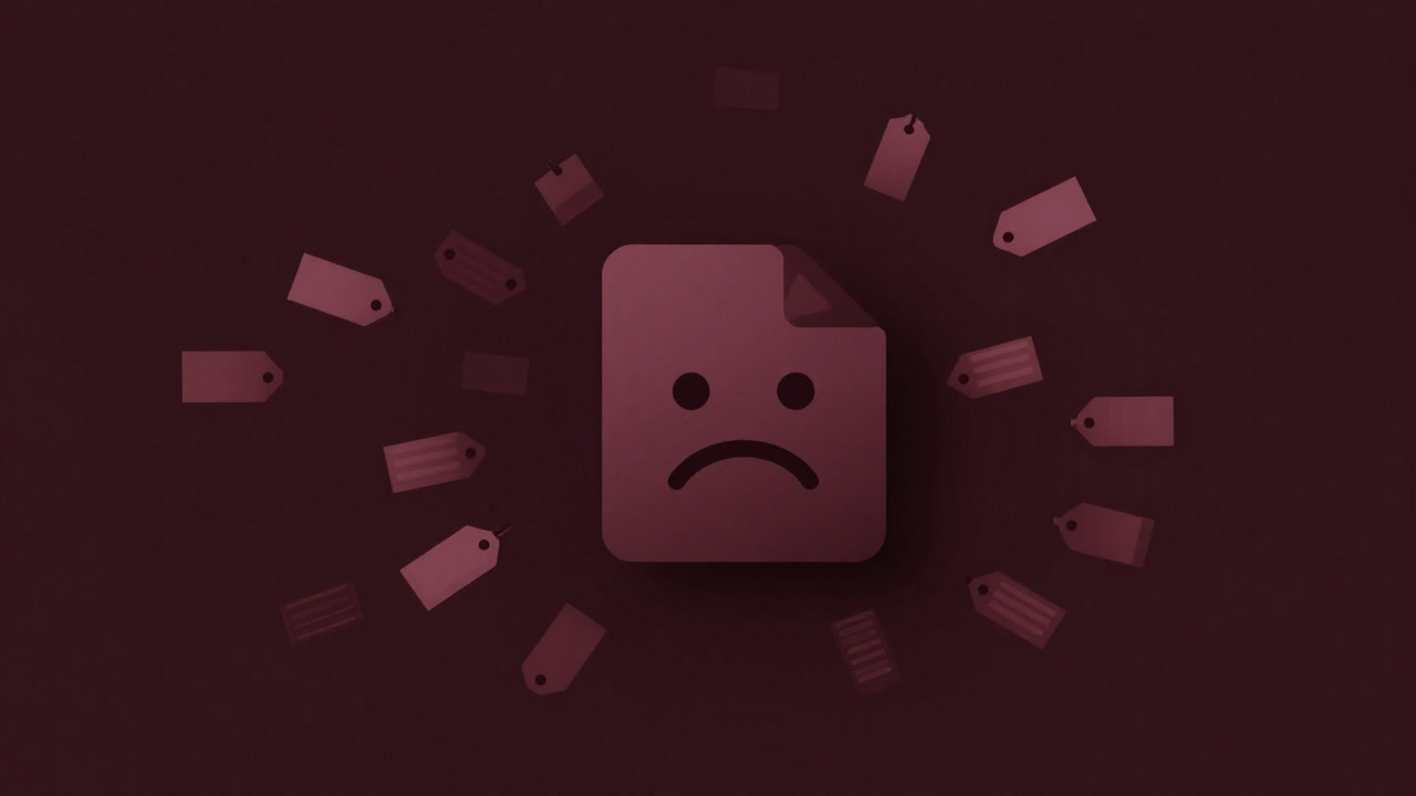 Illustration of a file icon surrounded by swirling labels, standing vacantly.