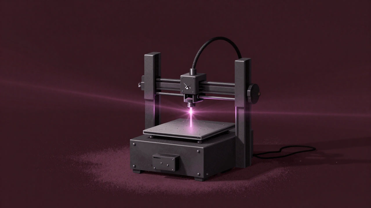 Image of an additive manufacturing machine surrounded by metal powder, illuminated by laser beams, with an anguished expression.