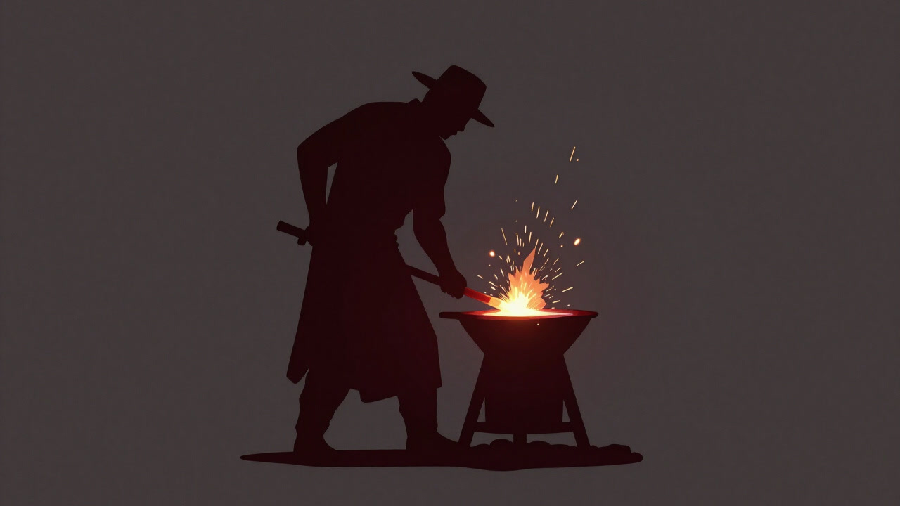 Silhouette of a blacksmith striking iron with a hammer as sparks fly.