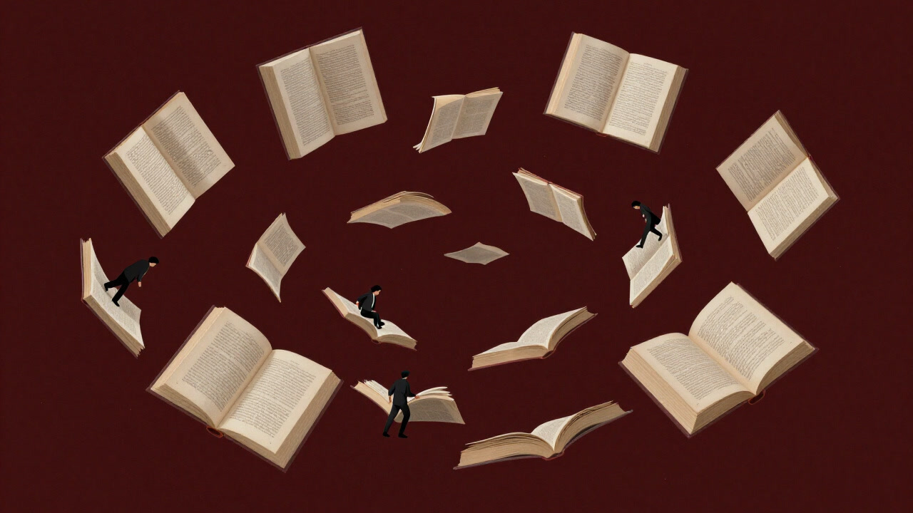 Illustration of characters lost in a whirl of giant book pages swirling around them