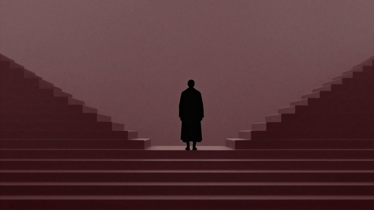 Silhouette of a philosopher standing at the vanishing point of infinite staircases