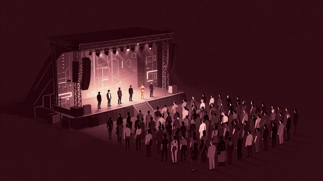 Image of a swarm of avatars gathered on a virtual stage instead of an outdoor concert, viewed from above.