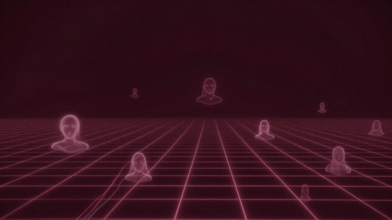 An ethereal and slightly eerie metaverse scene where avatars' silhouettes intermingle among colorful streams of code and light.