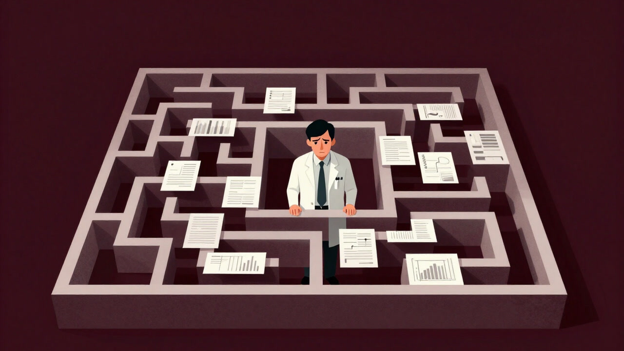迷路のように入り組んだ書類と図解に囲まれ、出口を探し続ける研究者のイラスト