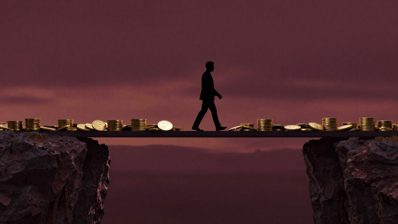 崖と崖を繋ぐ硬貨の橋を渡ろうとする企業のシルエット