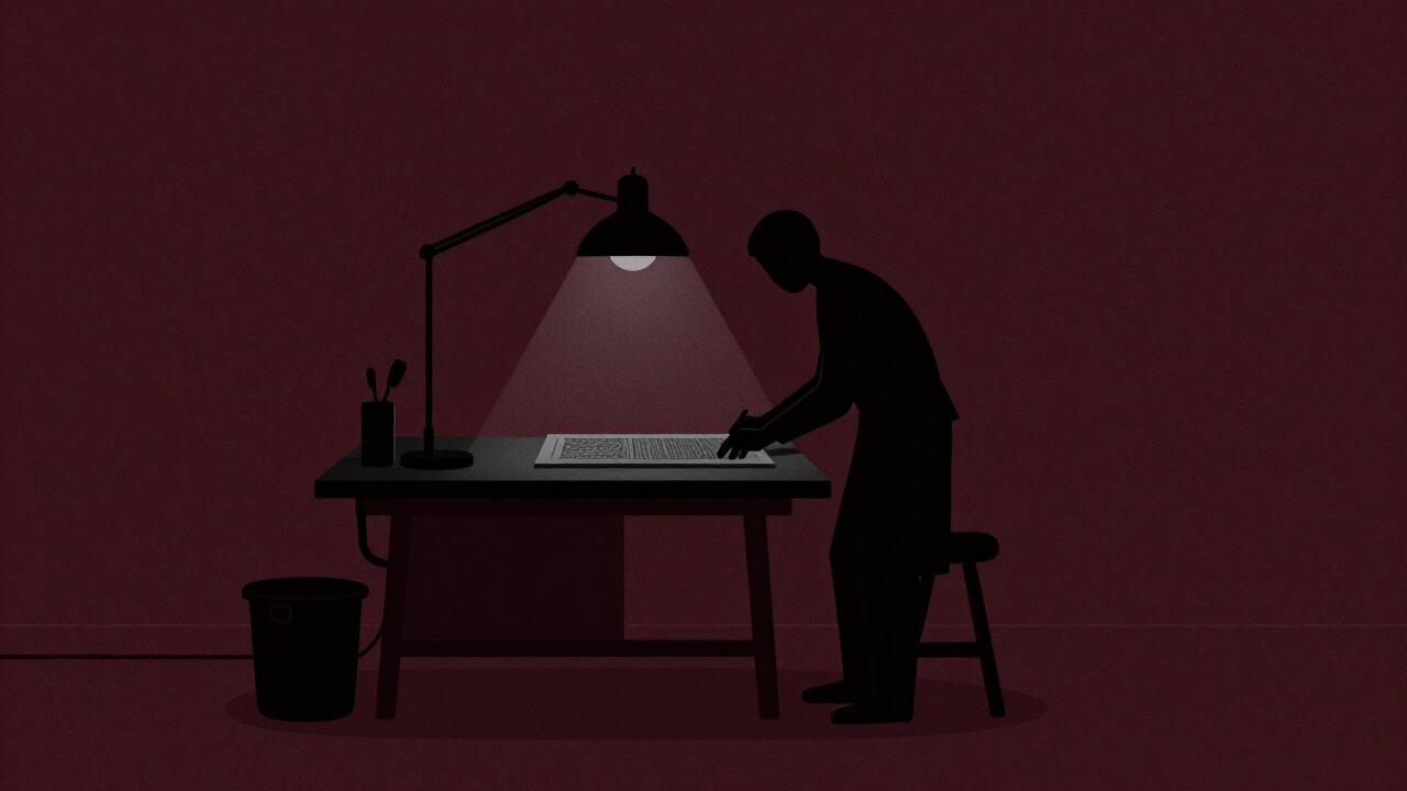 Silhouette of a printmaker holding a mezzotint plate illuminated only by a workshop lamp in darkness