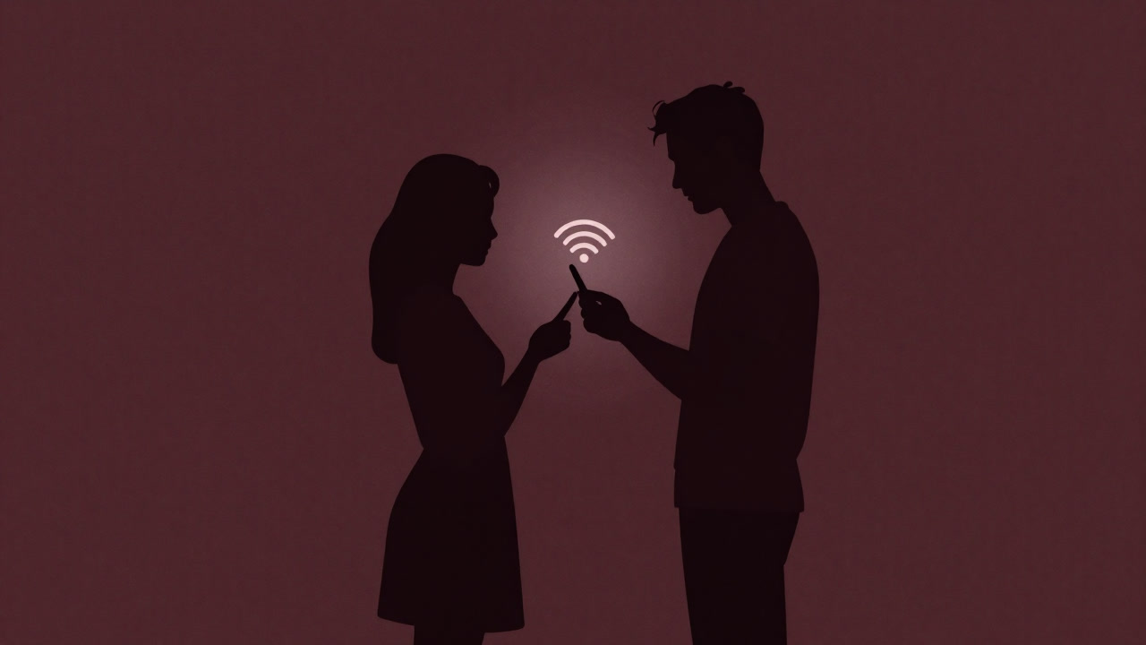 Silhouette of a couple where one taps innocently on a smartphone notification icon while harboring doubts deep in their heart.