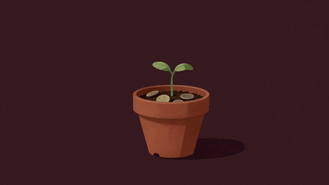 A small palm-sized flowerpot holding a few coins with a withered sprout emerging.