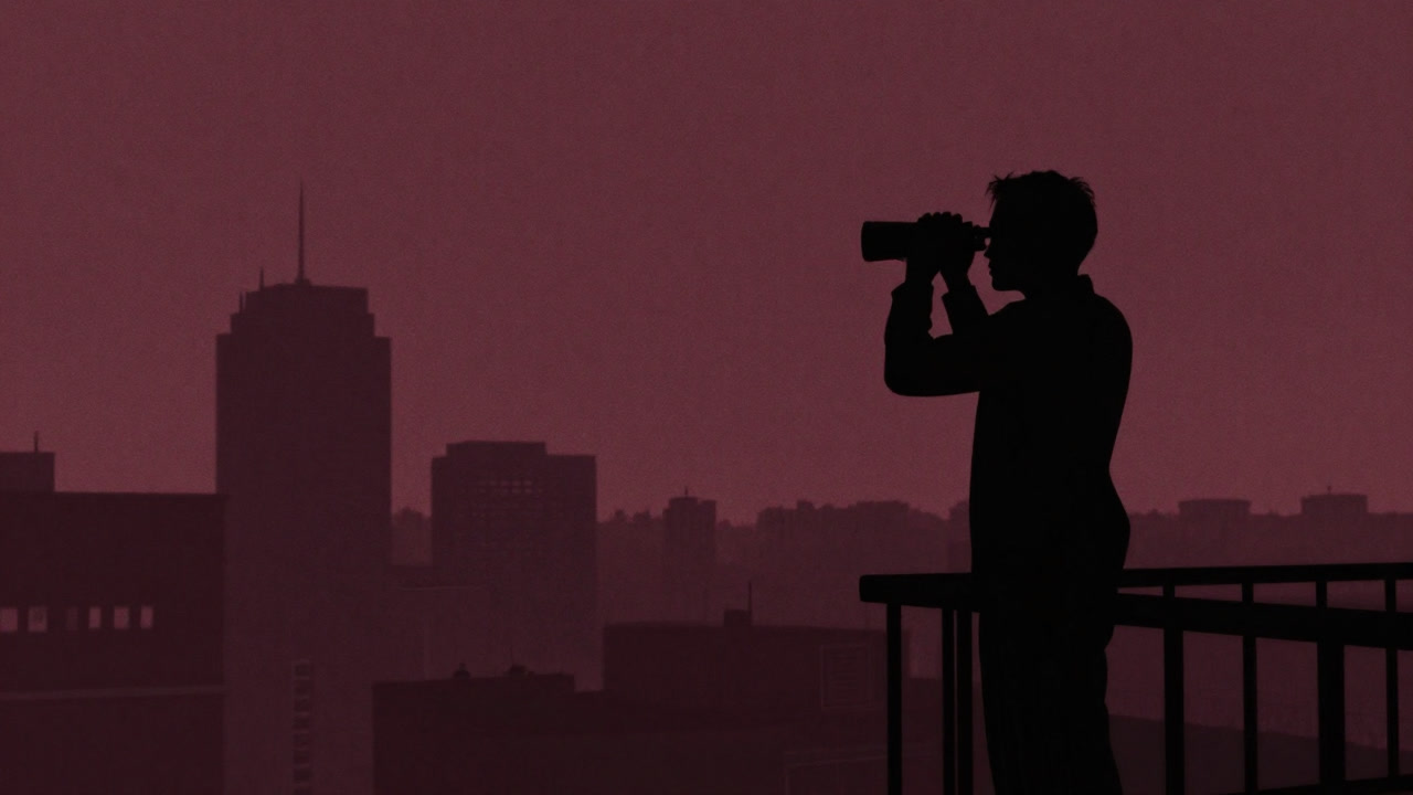 自宅のベランダで双眼鏡をのぞく人のシルエット