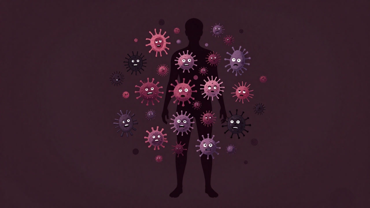 Illustration of tiny bacterial characters marching inside a human silhouette