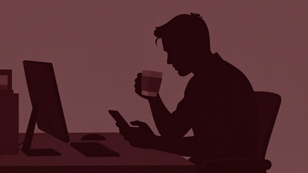 Silhouette of an office worker carving out a tiny space for deep breaths at his desk, holding a coffee cup and scrolling on his smartphone