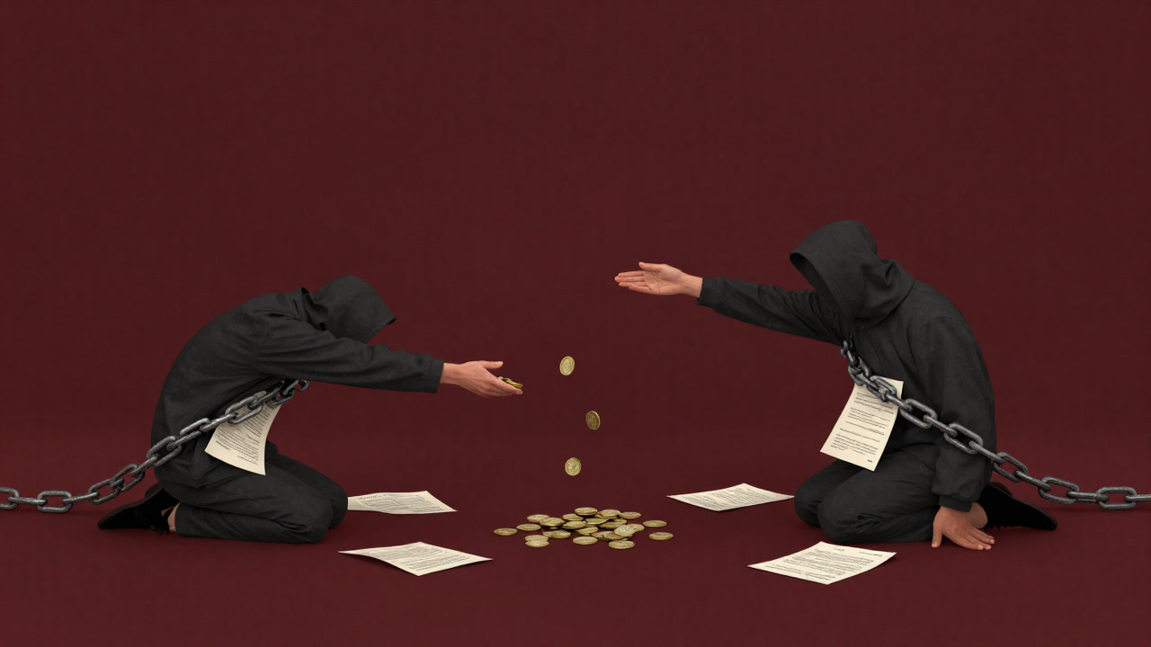 An allegorical illustration of impoverished people reaching for small coins while being wrapped in chains of repayment