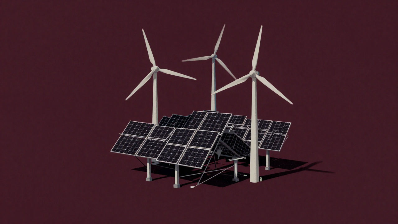 Abstract illustration of a small power unit struggling under sun and wind whims