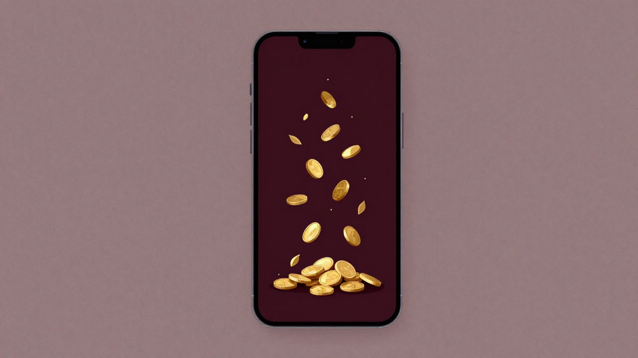 Illustration of tiny coins fluttering down from a smartphone screen