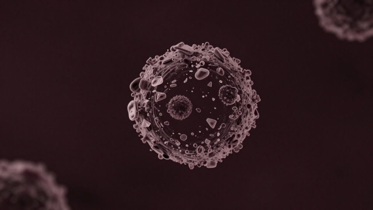 Illustration of pulverized plastic particles drifting in clusters under a microscope