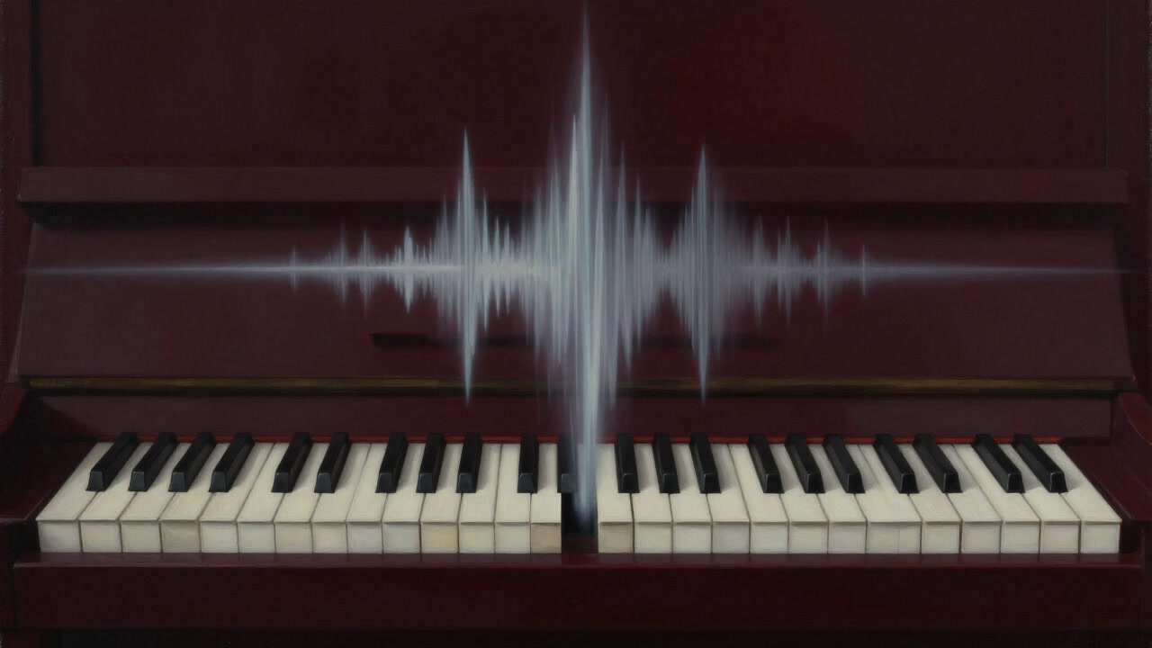 An abstract painting imagining ghostly sound waves emerging from the gaps between piano keys