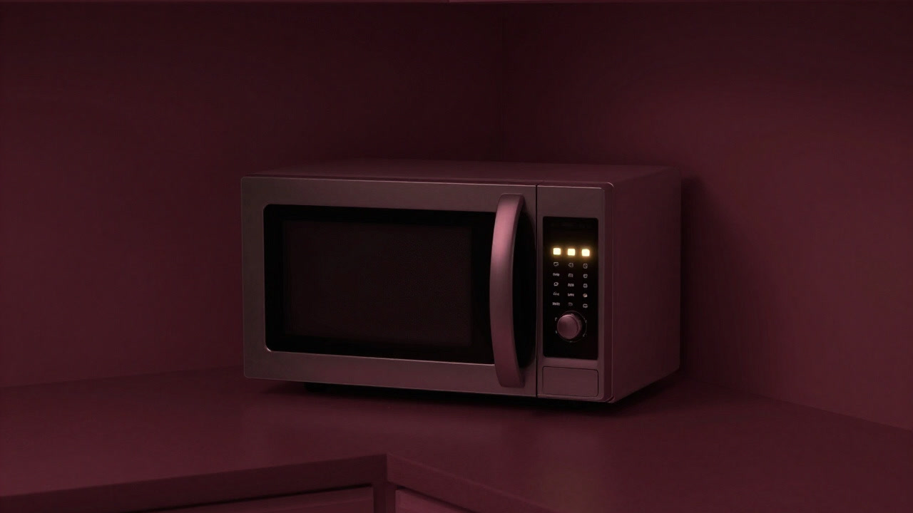 Photo of a microwave in the corner of a kitchen with its lights blinking, symbolizing laziness.