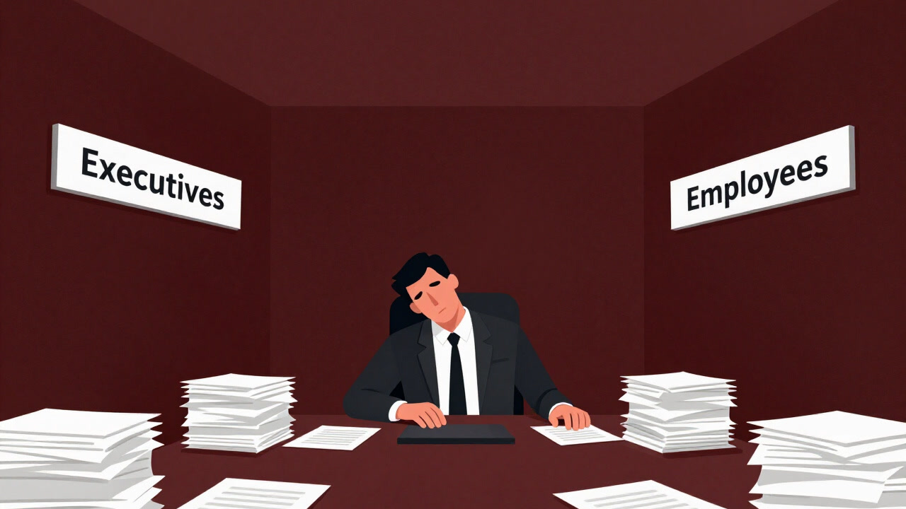 会議室で板挟みにされた人物が生気を失い、周囲の書類に埋もれているイラスト