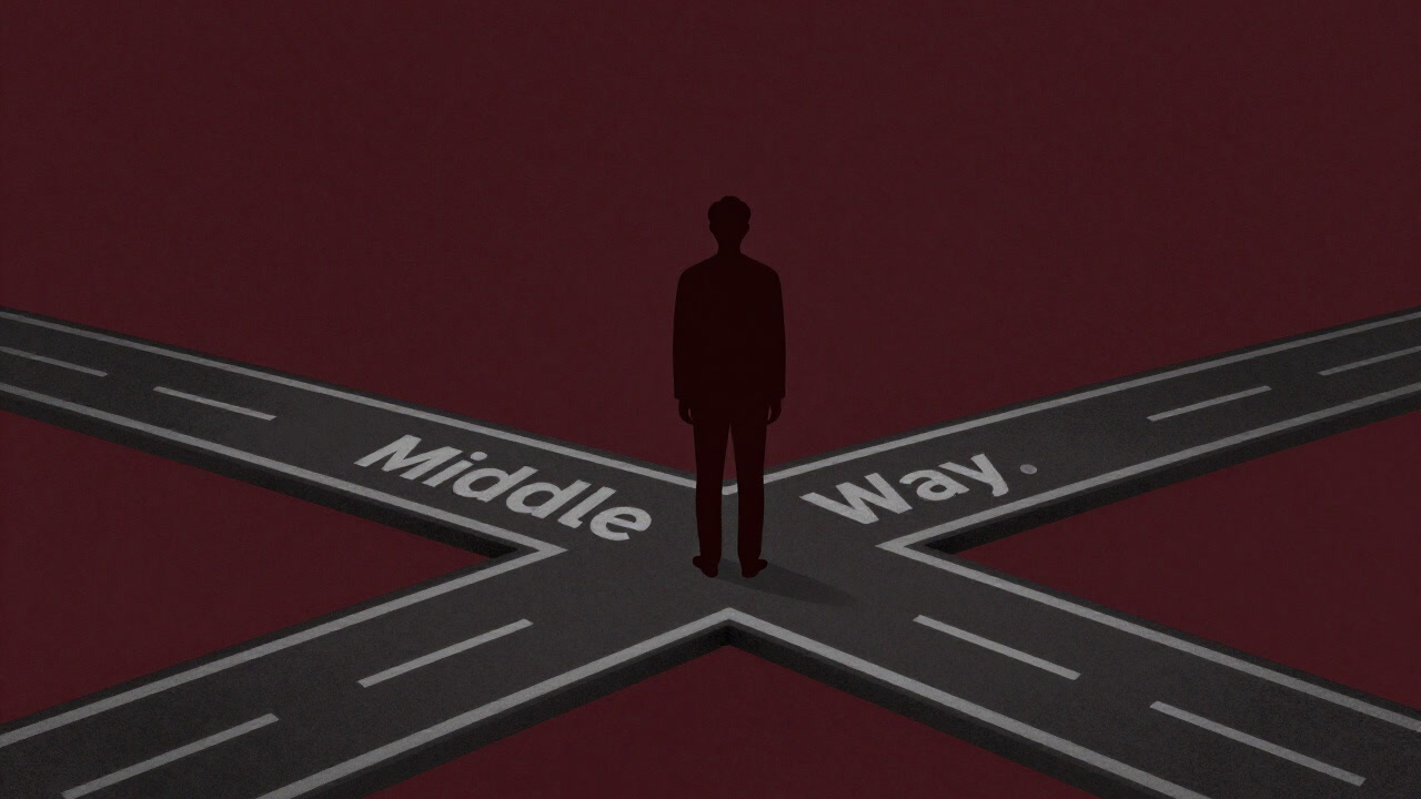 右と左に分かれる道の分岐点で、どちらにも進まず棒立ちしている人影のイラスト