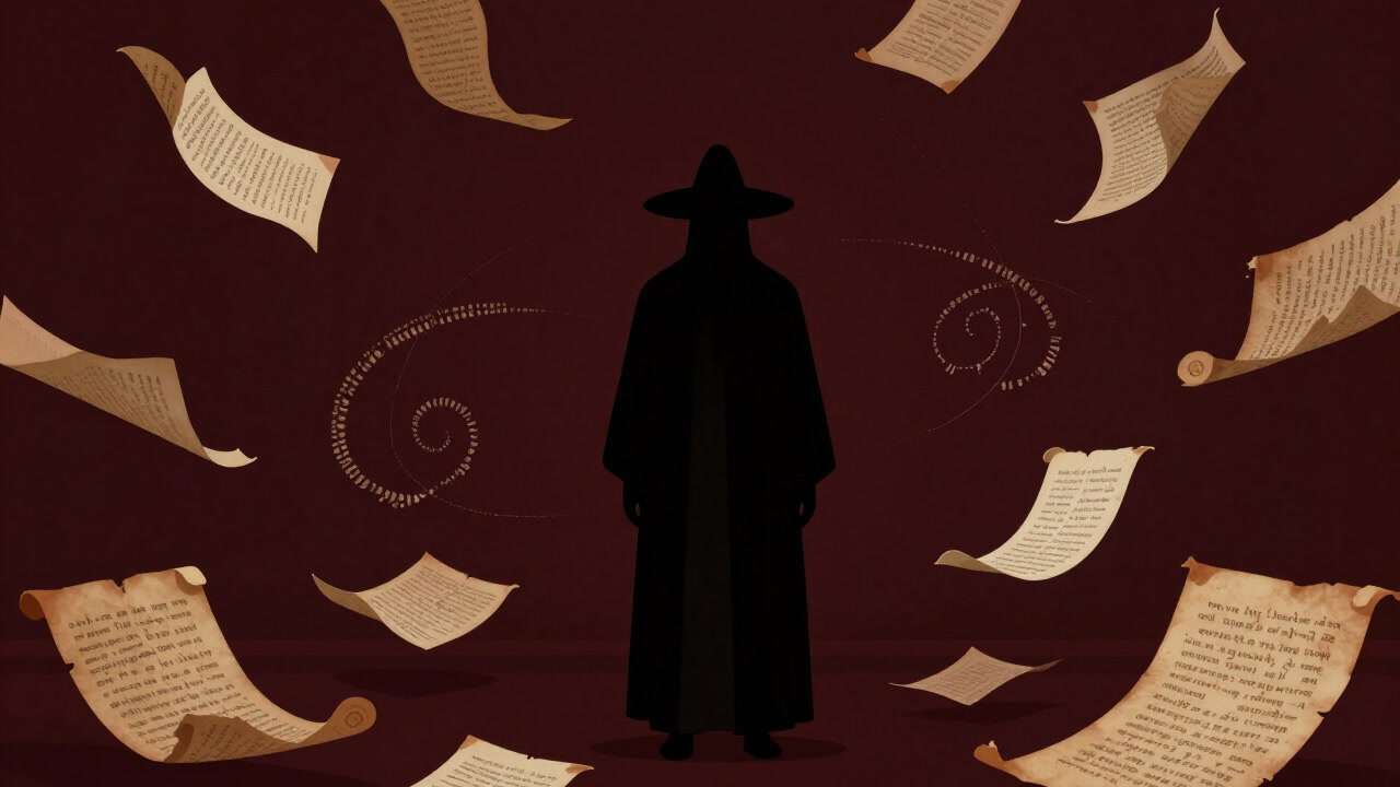 A study filled with countless fragments of ancient manuscripts floating in the air, a rabbi’s silhouette posing a question.
