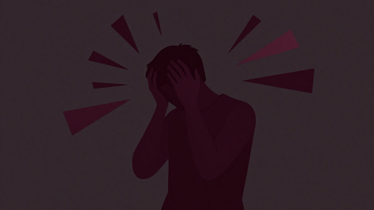 Silhouette of a person clutching their head with eyes closed, rejecting light and sound
