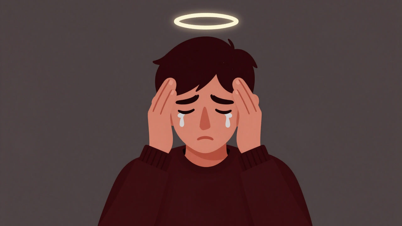 頭の片側が痛む様子を涙目で押さえる人のイラスト