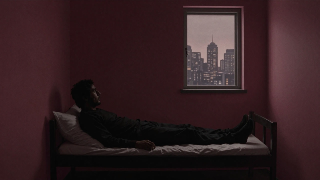 地方の寮で細いつながりのベッドに横たわり、遠くの都市を夢見る出稼ぎ労働者のシルエット